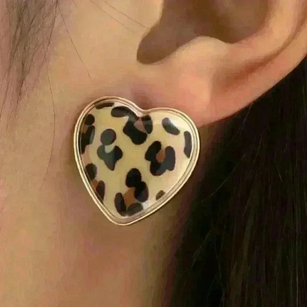 Leopard Pattern Love Heart Stud Earrings